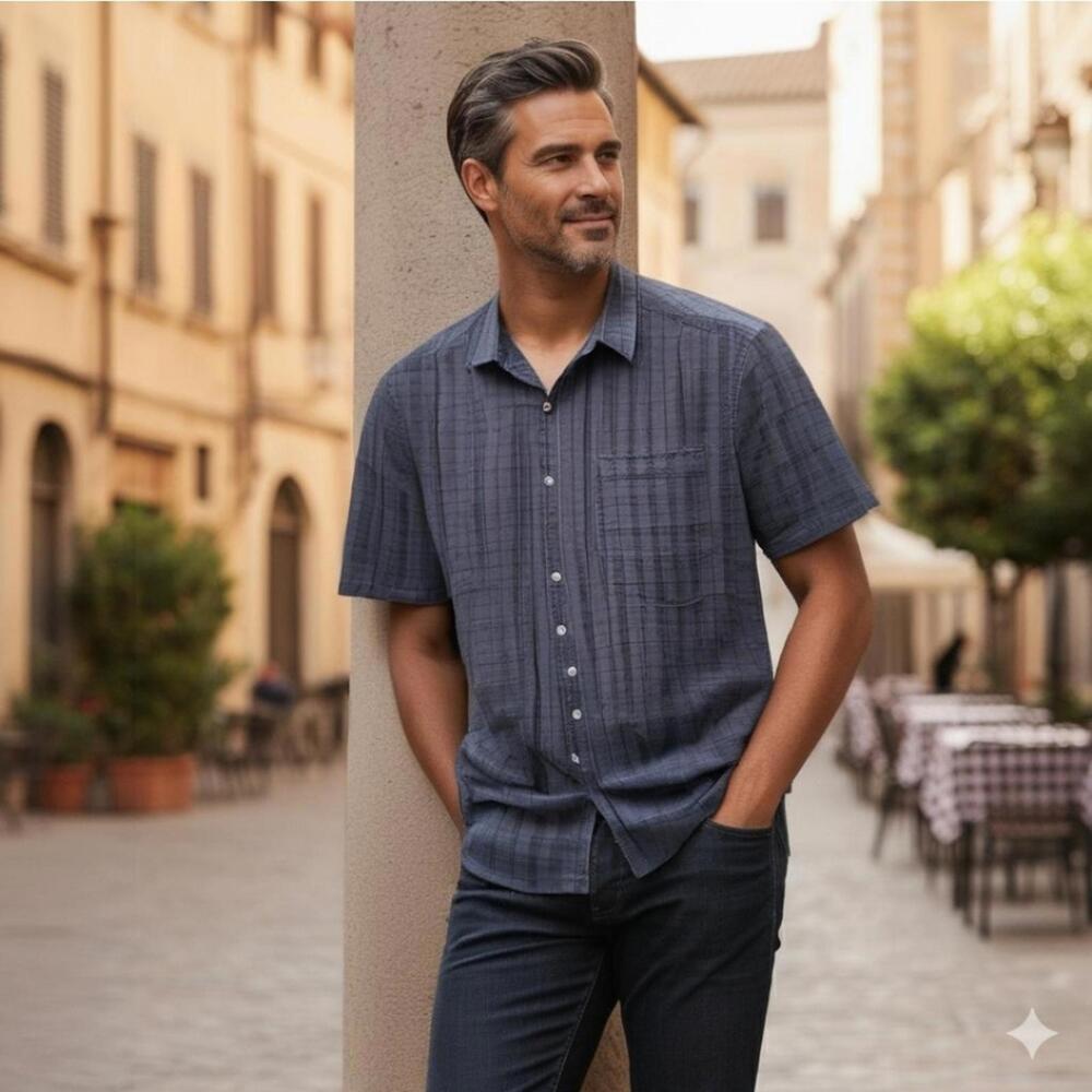 James Campbell Men Navy Plaid Short Sleeve Shirt (SH-16)
